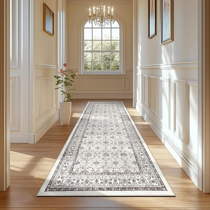 jinchan Hallway Runner Rug 2x10 - Machine Washable Beige Vintage Floral Distressed Design Soft Non-Slip Low-Pile Ultra-Thin Runner Rug for Kitchen Laundry Room Bedroom Farmhouse (2‘x10',Beige)