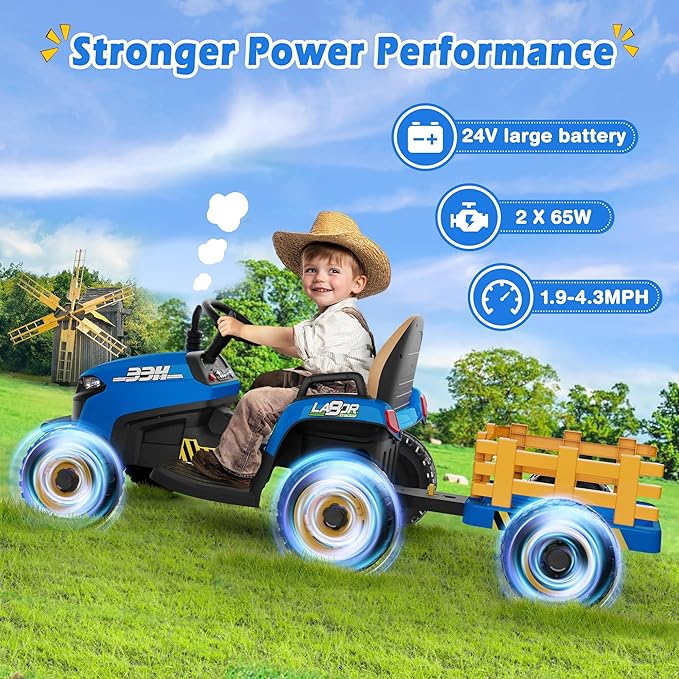 24V Ride On Tractor w/Tiltable & Detachable Trailer, 2x65W Motors, EVA Tires, Remote Control, Bluetooth, Shifter, Music, Electric Car for Kids Ages 2-5, Blue