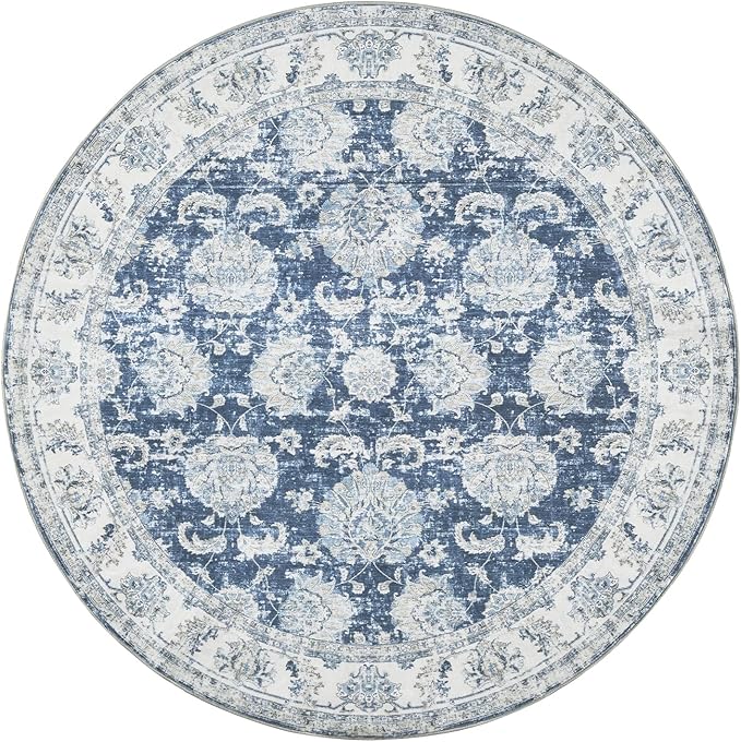 jinchan Round Rug 8ft Area Rug - Dark Blue Vintage Floor Mat Kitchen Indoor Ultra-Thin Soft Floral Print - Washable Circle 8' Retro Accent for Farmhouse Non Slip Dining Room Living Room Bedroom Office