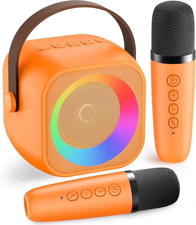 Karaoke Machine for Kids Adults: Mini Portable Karaoke Machine with 2 Wireless Microphones and Lights, Christmas Birthday Gifts for Girls Boys Family Home Party(Orange)