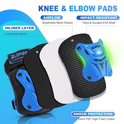 2PM SPORTS Knee Pads for Kids, Wrist Guards Knee and Elbow Pads Set with Drawstring Bag, Protective Gear Set for Girls Boys Roller Skating Cycling Skateboard - Blue Small
