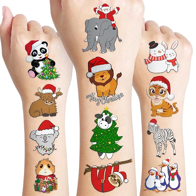 100 PCS Noel Christmas Animal Temporary Tattoos Sticker Jungle Birthday Christmas Party Decorations Supplies Favors Gifts Boys Girls Safari Zoo Cute Fake Tattoo School Reward Themed Santa Claus Xmas