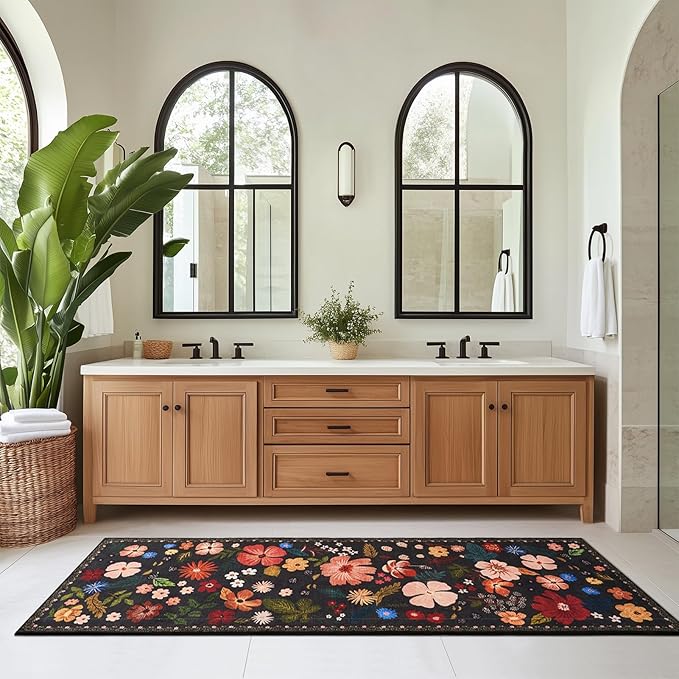 2x6 Rug Runners for Hallways Non Slip Washable Runner Rug with Rubber Backing Sound Absorbing Vintage Boho Floral Low Pile Thin Rug for Kitchen Bedroom Entrance Laundry Bathroom Living Room,Black