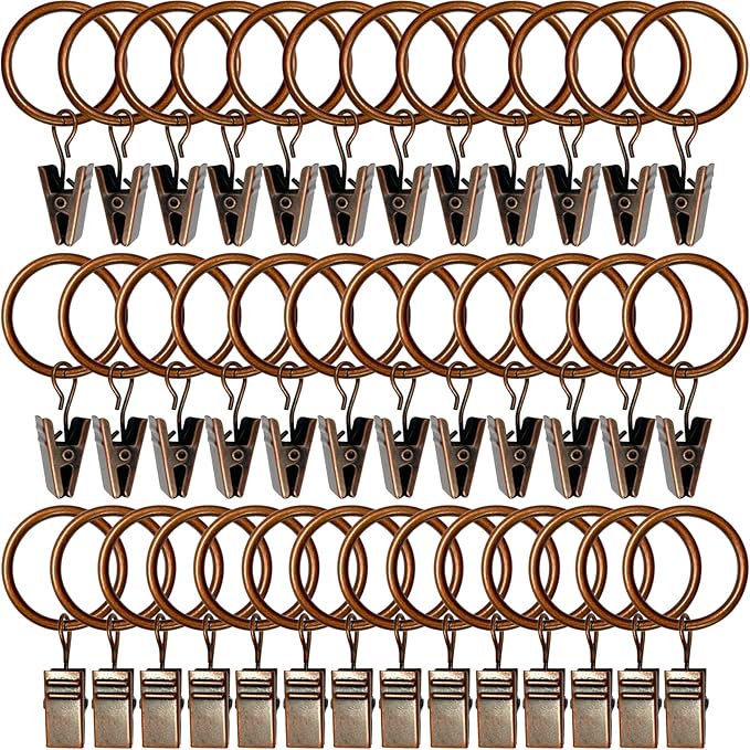 100 Pack Antique Copper Curtain Rings with Clips, Curtain Hooks Hangers Clip Rings for Hanging Drapes Bows Hat, Drapery Rings 1 in I D, Fits up to 5/8 in Diameter Curtain Rod.