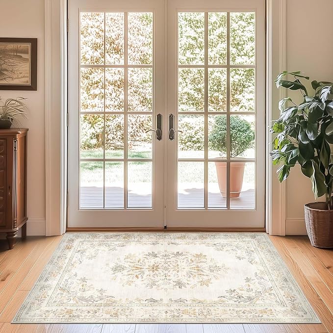 jinchan Vintage Floral 3x5 Area Rugs for Entryway - Machine Washable Distressed Design Ultra-Thin Low-Pile Soft Non-Shedding Carpet for Kitchen Bedroom Entrance Laundry Living Room (3x5ft,Light Grey)
