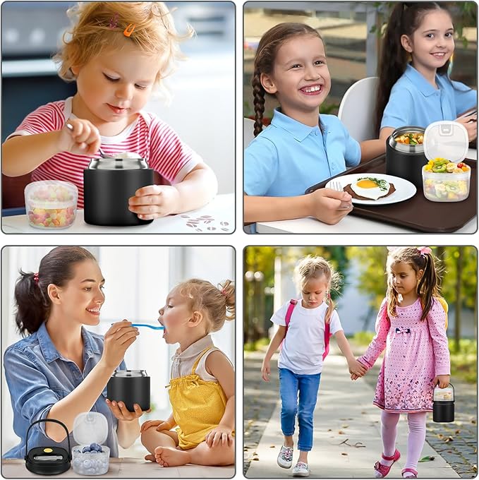 2-in-1 Insulated Food Jar & Snack Container - 15oz Kids Soup Thermos for Hot Food with Handle and Spoon, Leak Proof Reusable Toddler Snack Box, Perfect for School & Travel, Black