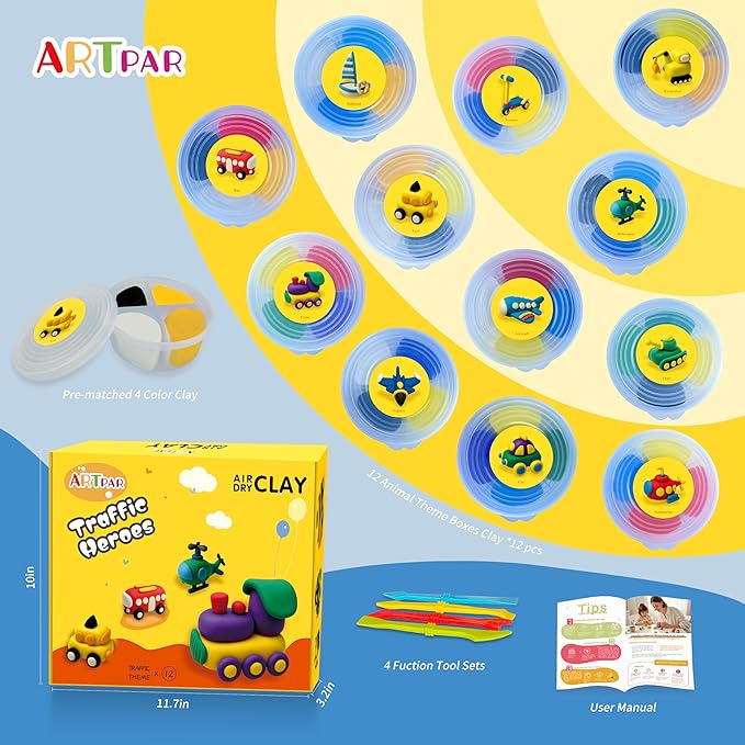 Kids Air Dry Clay Kit,12 Pack Traffic Modeling Magic Clay Sculpting Set | Ultra Light Non-Toxic DIY Art & Crafts School Classroon Projects,Home Party Favors Supplies for Boys Girls Adults