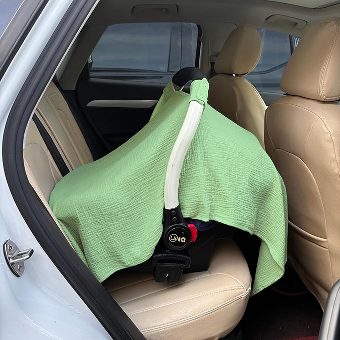 100% Muslin Cotton Car Seat Cover Baby, Carseat Canopy Cover, Universal Fit Stroller Covers for Boys and Girls (City Green)