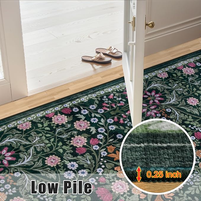 10x14 Area Rugs for Living Room: Floral Washable Rug Vintage Large Soft Boho Non-Slip Carpet Stain Resistant Low Pile Carpets for Bedroom Dining Room Farmhouse Nursery Hallway Home Office Dark Green