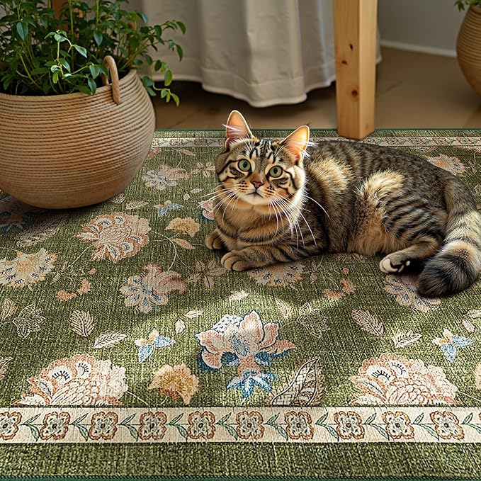 jinchan 2x3 Floral Rug for Entryway Washable Kitchen Rug Vintage Romance Design Small Mat Non Slip Indoor Doormat Lightweight Low-Profile Throw Carpet for Entrance Bathroom Laundry Room, Green