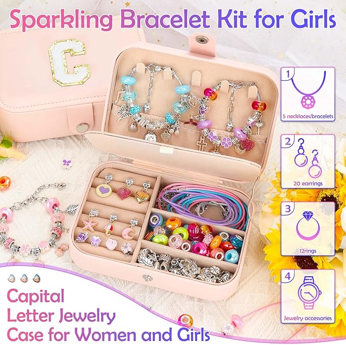 140 PCS Charm Bracelet Making Kit for Girls Age 8-12 Charm Beads for Kids Jewelry Making DIY Bracelet Craft Kit for Girls Valentine Christmas Birthday Gifts with Portable Bracelet Box