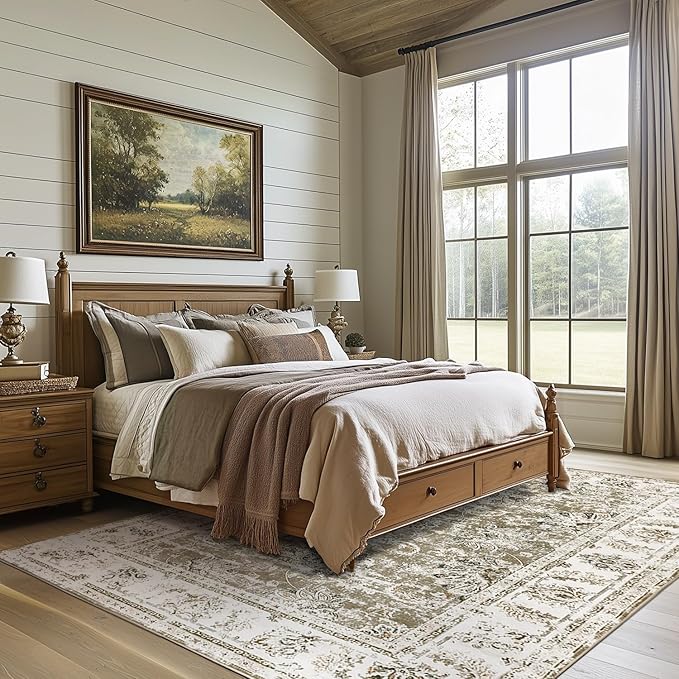 jinchan Washable Area Rug 8x10 for Living Room - Soft Faux Wool Ultra-Thin Stain Resistant Non-Slip Distressed Vintage Floral Large Carpet for Bedroom,Dining Room,Home Office,Nursery(Taupe, 8'x10')