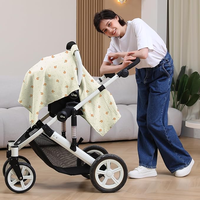 100% Muslin Cotton Car Seat Cover Baby, Carseat Canopy Cover, Universal Fit Stroller Covers for Boys and Girls (Cute Cherry)