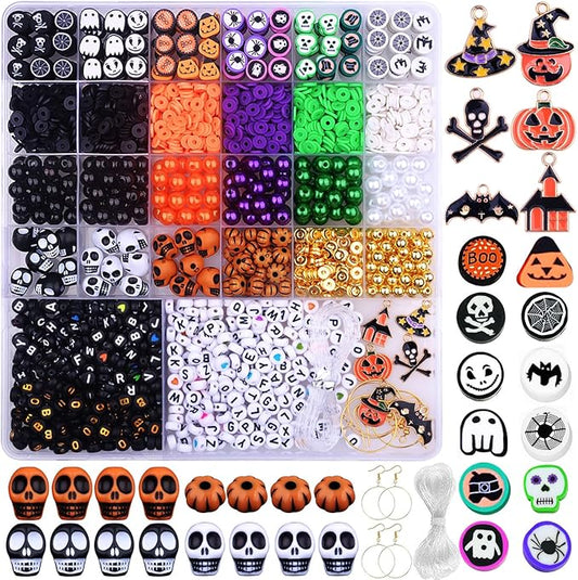 2088pcs Halloween Polymer Clay Beads Bracelet Making kit, 24 Style Cute Fun Beads Skull Pumpkin Beads Charms for Jewelry Necklace Earring Making DIY Accessories for Women Girls