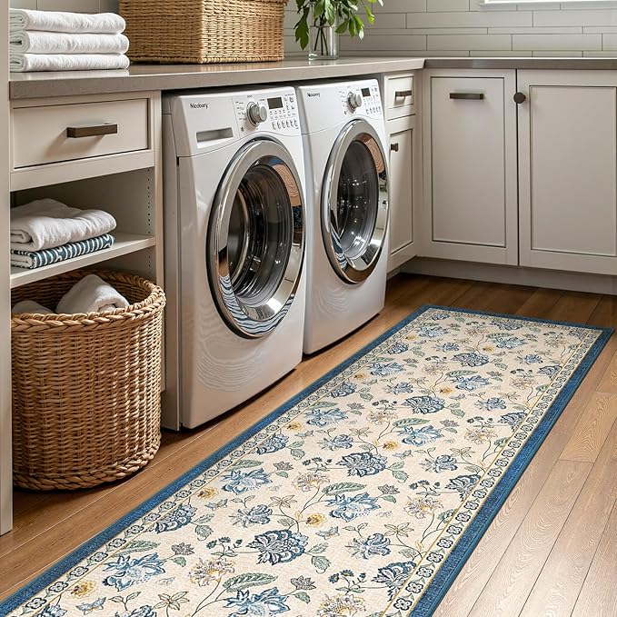 jinchan 3x10 Floral Runner Rug for Hallway Washable Kitchen Runner Vintage Romance Design Non Slip Thin Indoor Floor Cover Low-Profile Throw Carpet for Entryway Bathroom Bedroom Porch, Blue/Beige