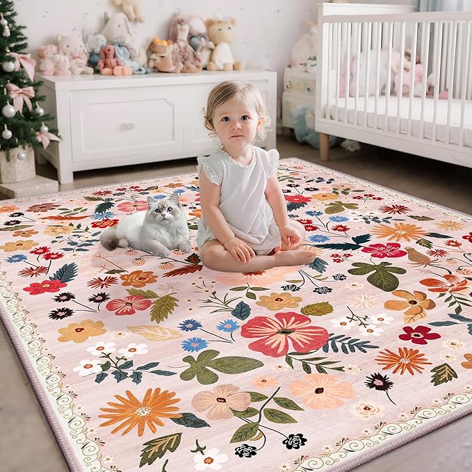 2x6 Runner Rugs for Hallways Non Slip with Rubber Backing Stain Resistant Area Rug Washable Beige Boho Floral Ultra-Thin Carpet Rugs Indoor for Entryway Kitchen Bedroom Laundry Bathroom Stairwell