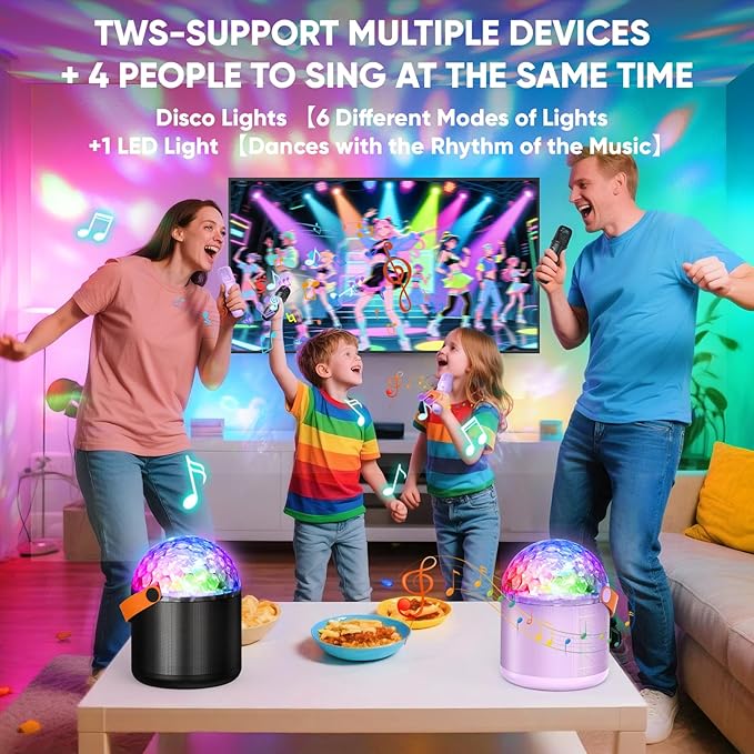 Karaoke Machine with Disco LED Lights for Adults Kids, Portable Bluetooth Speaker with 2 Wireless Microphone Toys Gifts for Girls Boys Birthday Family Home Party