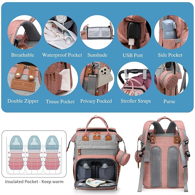 Jeryswet Baby Diaper Bags with Changing Station, Waterproof Large Capacity Diaper Bag Backpack for Moms Dads with USB Charging Port and Stroller Straps, Baby Shower Gifts, Pink-Grey