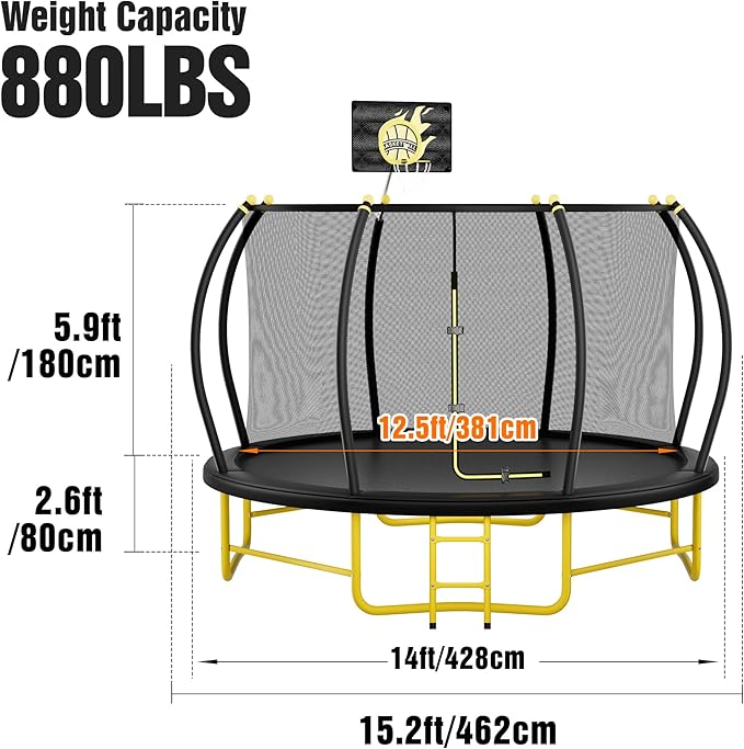 10FT 12FT 14FT 16FT Pumpkin Trampoline for Kids Adults, ASTM Approved Outdoor Recreational Trampoline with Basketball Hoop, Enclosure Net, Yellow