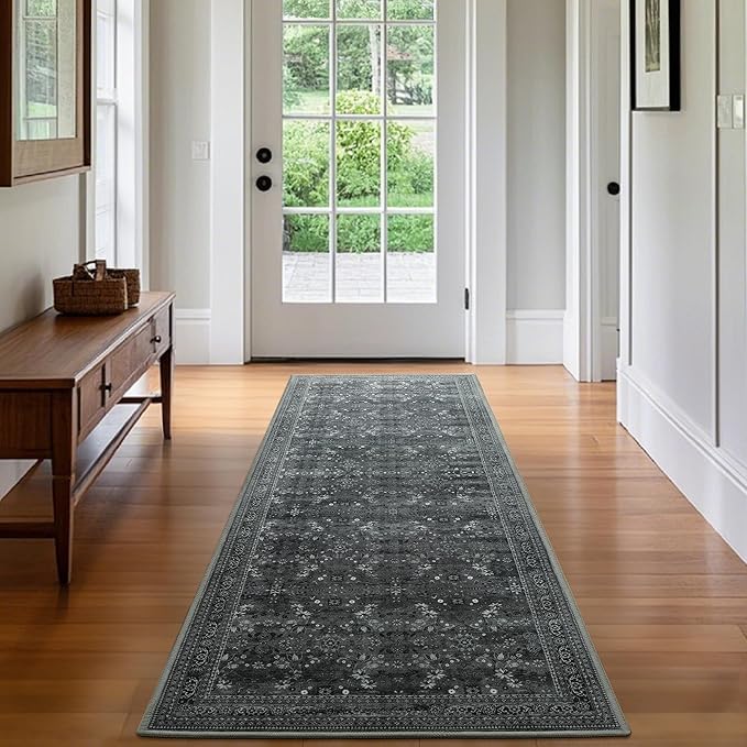 2x6 Washable Kitchen Runner Rug for Hallways, Non Slip Laundry Runners for Bathroom, Low Pile Rubber Backed Rugs for Entryway, Vintage Floral Carpet for Living Room Bedroom Black/Gray
