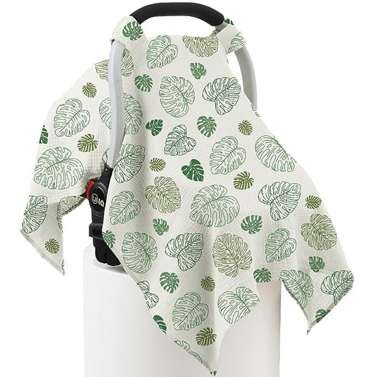 100% Muslin Cotton Car Seat Cover Baby, Carseat Canopy Cover, Universal Fit Stroller Covers for Boys and Girls (Monstera Green)