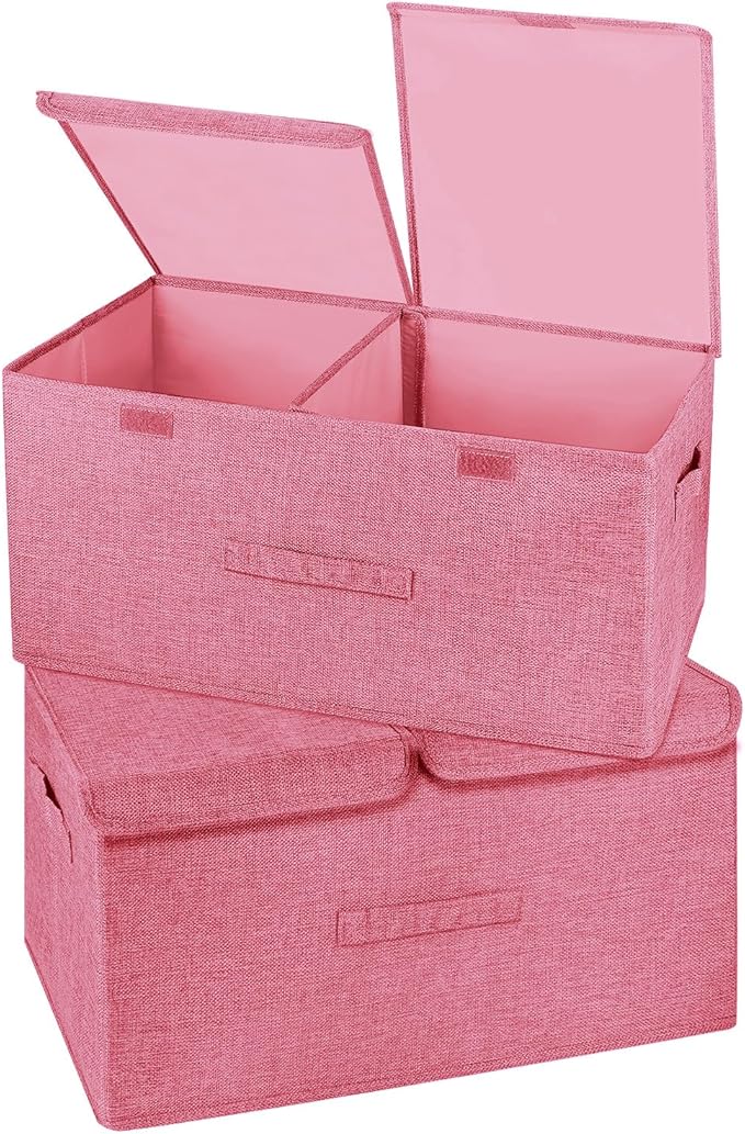 2 Pack Storage Boxes with Lids and Handles, Collapsible Linen Storage Bins Organizer Containers Baskets Cube with Removable Divider for Home Bedroom Closet Office (Pink, Large)