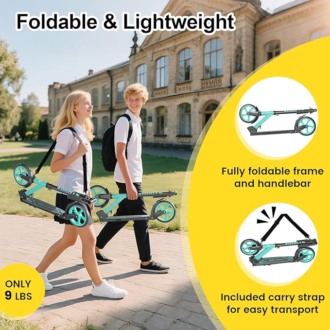 Kick Scooter for Kids Teens & Adults, 4 Adjustable Heights, 8IN All Terrain Big Wheels, Foldable and Lightweight, Gifts for Girls Boys