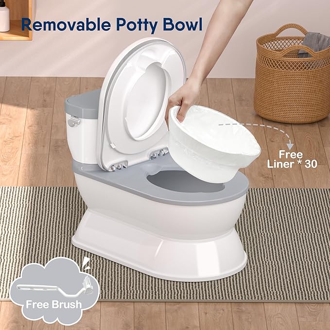 2-in-1 Toddler Potty Training Toilet - Larger Potty Chair & Detachable Training Seat for Boys & Girls Ages 1-3 with Flushing Sound, Wipes Storage, Toilet Paper Holder - Grey