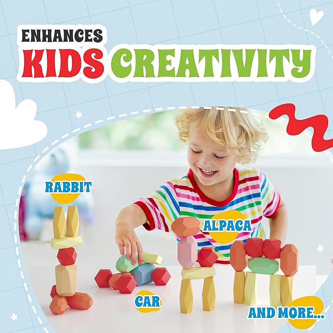 36 Pcs Wooden Stacking Blocks – Montessori Toys for 1 2 3 4 5 6 Year Old Toddlers and Kids, XL Rocks, No Choking Hazard – Sensory STEM Building Stones, for Girls and Boys