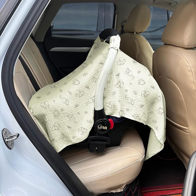 100% Muslin Cotton Car Seat Cover Baby, Carseat Canopy Cover, Universal Fit Stroller Covers for Boys and Girls (Cute Elephant)