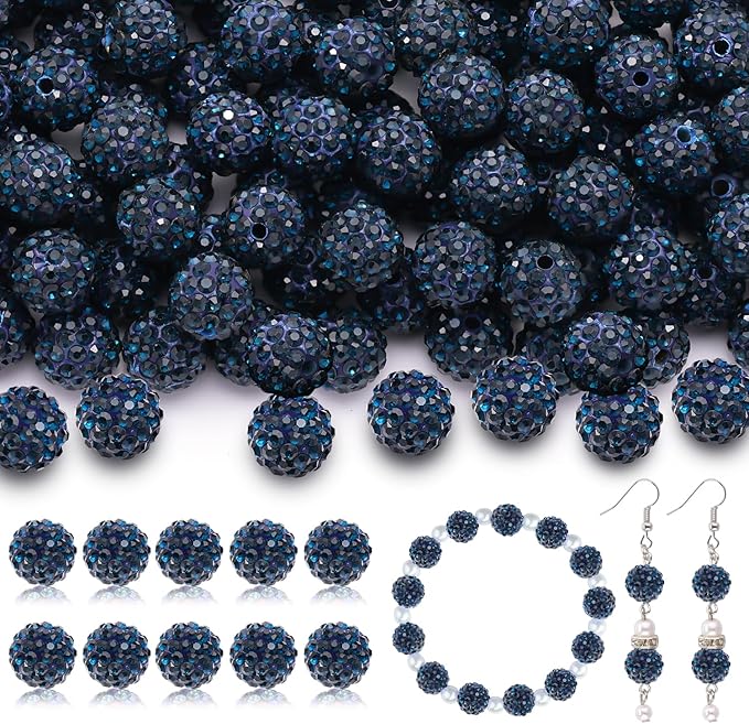 160pcs 10mm Rhinestone Beads for Jewelry Making, Blue Black Shiny Round Disco Ball Beads Bulk, Sparkle Crystal Clay Christmas for Bracelet Baseball Necklace Earring Crafting and DIY