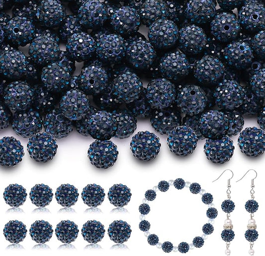 105pcs 10mm Rhinestone Beads for Jewelry Making, Blue Black Shiny Round Disco Ball Beads Bulk, Sparkle Crystal Clay Christmas for Bracelet Baseball Necklace Earring Crafting and DIY