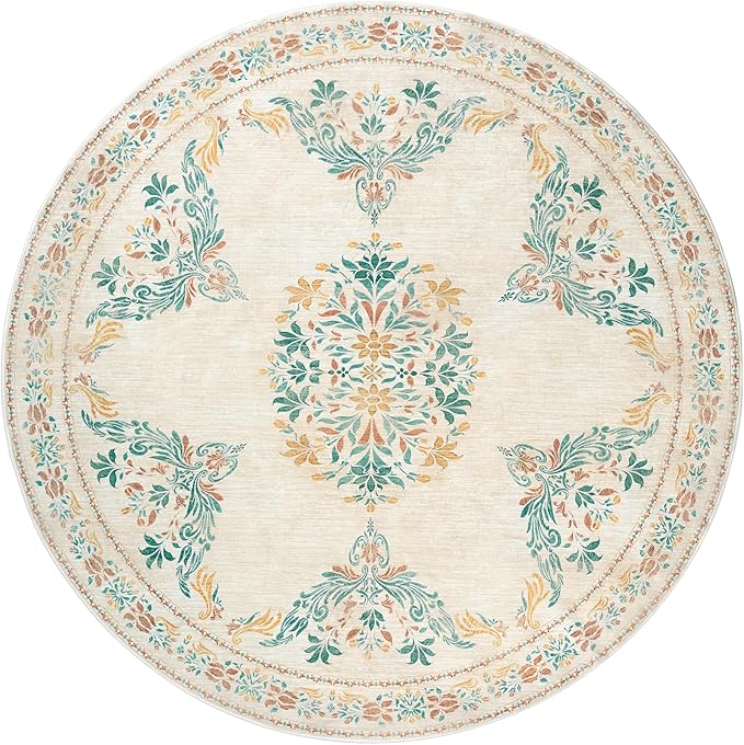 jinchan Round Rug 6ft Area Rugs Vintage Floral Distressed Design,Machine Washable Soft Non-Slip Low-Pile Ultra-Thin Circle Rug for Bedside Living Room Dining Room Bedroom (6' Round, Apricot Multi)