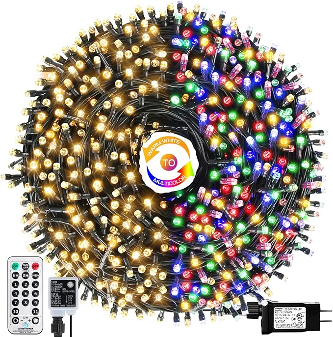1000 LED 328ft 11 Modes with Timer Remote Christmas String Lights IP55 Outdoor Waterproof UL Certificated Indoor Fairy Lights Garden Patio Christma Trees Parties Wedding Decoration Two-Color