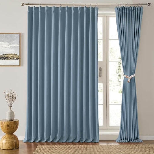 KEQIAOSUOCAI Dusty Blue Pleat Wide Width Drapes 80 x 102 inch Long 2 Panels - Thermal Insulated Room Divider Curtains for Bedroom/Living Room/Patio, Pinch Pleated Curtain Panel with Hooks