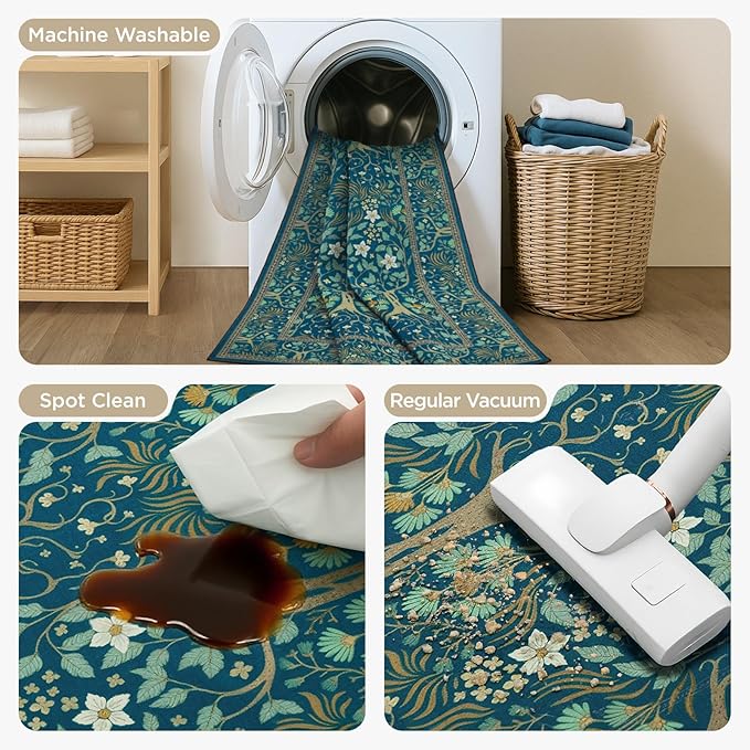 Joydeco Washable Large Area Rug 8x10, Boho Floral Rugs for Living Room Non Slip, Soft Low-Pile Botanical Forest Indoor Floor Throw Carpet for Dining Home Office Playroom, Dark Blue