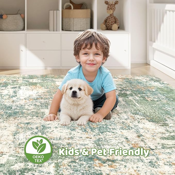 10x12 Area Rugs Living Room: Washable Large Abstract Soft Green Rug Stain Resistant Indoor Floor Non-Slip Accent Carpet for Men Modern Home Enthusiasts Aged 25-45 - Bedroom Office Playroom
