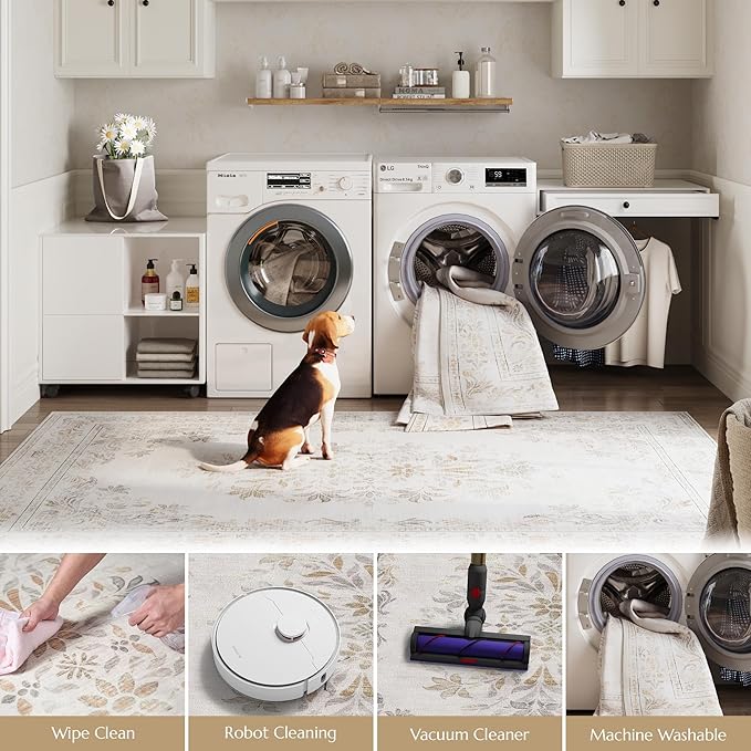 jinchan Vintage Floral 5x7 Area Rugs - Machine Washable Distressed Design Soft Ultra-Thin Low-Pile Non-Slip Carpet for Kitchen Bedroom Nursery Living Room Dining Room Home Office (5x7ft,Light Grey)