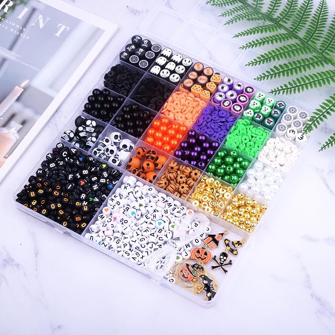 2088pcs Halloween Polymer Clay Beads Bracelet Making kit, 24 Style Cute Fun Beads Skull Pumpkin Beads Charms for Jewelry Necklace Earring Making DIY Accessories for Women Girls