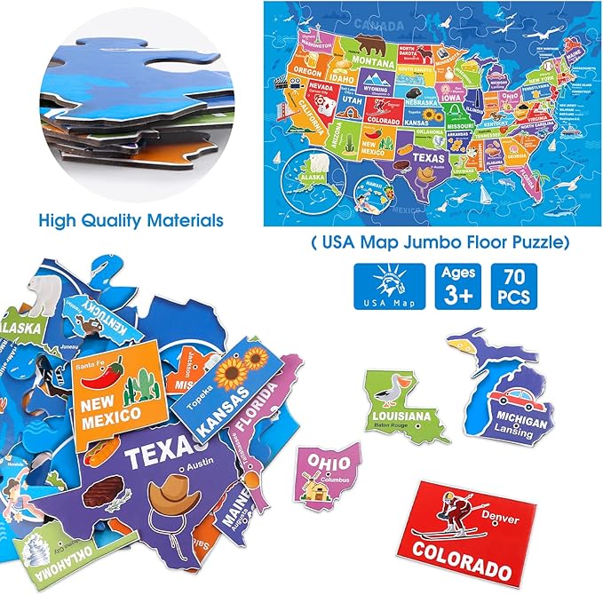 Jumbo Floor Puzzle for Kids,USA Map Puzzle Jigsaw Geography Puzzles,70 Piece US Map 50 States with Capitals,United States Puzzle for Ages 3-5,Preschool Learning Toys Gift for 4-8 Years Old