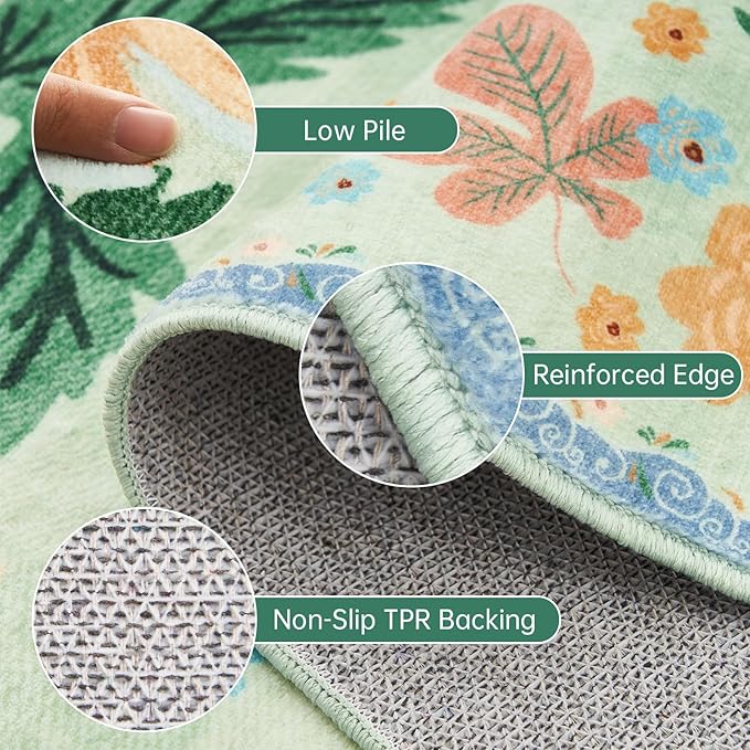 3x5 Rug for Living Room Washable Non Slip with Rubber Backing Soft Faux Fur Low Pile Stain Resistant Small Area Rug 3x5 Boho Vintage Floral Carpet Rug for Bedroom Kitchen Entrance，Green