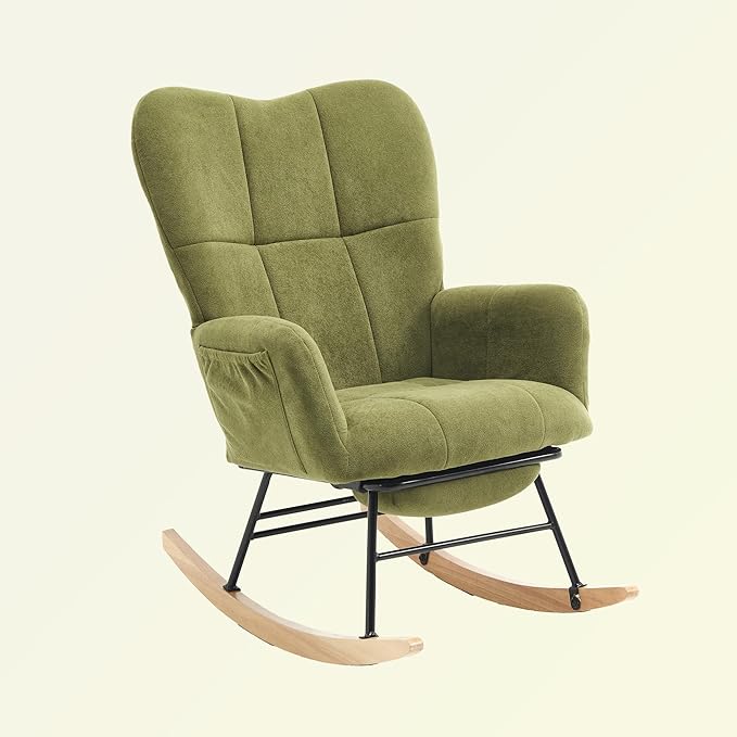 KEEZY Rocking Chair Nursery,Upholstered Glider Chair Padded Seat with High Backrest,Reading Chair,Armchair Comfy Side Chair for Living Room Bedroom Offices (Green)