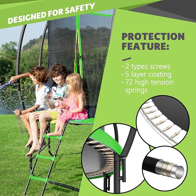 14FT 12FT 10FT 16FT Trampoline with Safety Enclosure, Anti-Rust Coating – ASTM Certified, Heavy-Duty Outdoor Trampoline with Ladder – for Kids & Adults