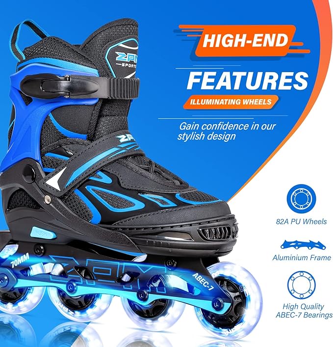 2PM SPORTS Vinal Girls Adjustable Flashing Inline Skates, All Wheels Light Up, Fun Illuminating Skates for Kids Men Adult Women and Boys