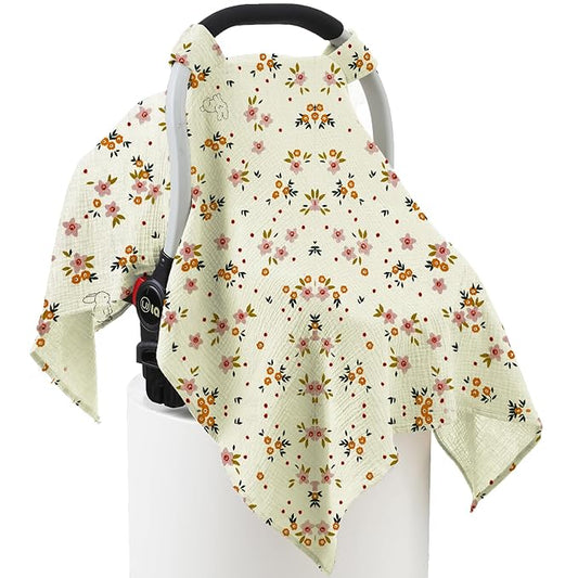 100% Muslin Cotton Car Seat Cover Baby, Carseat Canopy Cover, Universal Fit Stroller Covers for Boys and Girls (Beige Floral)