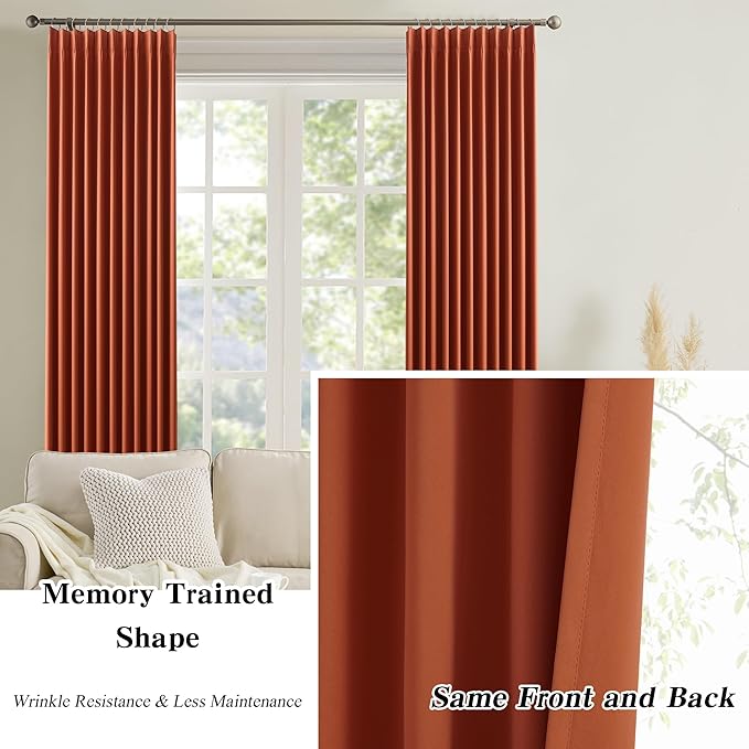 KEQIAOSUOCAI Long Copper Blackout Burnt Orange Curtains for Living Room 2 Panels Sets,Pinch Pleat with Hooks, Thermal Pleated Window Drapes Rustic Western Curtain for Bedroom W40 x L102