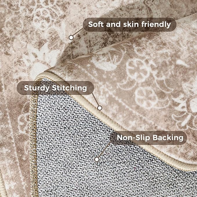 jinchan Round Rug 5ft Area Rug - Brown Vintage Floor Mat Kitchen Indoor - Washable Circle 5' Thin Floral Print Carpet Retro Farmhouse Non Slip Dining Room Living Room Bedroom Office