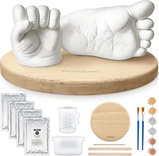 KeaBabies Baby Casting Kit Hands and Feet Mold - 3D Newborn Hand Casting Kit & Stylish Wood Base, Easy DIY Infant Foot Molds 0-9 Months, BPA-Free Baby Keepsake, Shower Gifts for Moms (Round, Ash Wood)