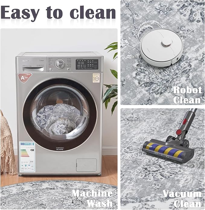 jinchan Round Rug 4ft Area Rug - Indoor Vintage Hallway Circle 4' Washable - Ultra-Thin Low Pile Soft Small Non Slip Distressed Floral Print for Living Room Dining Room Bedroom Entryway Grey