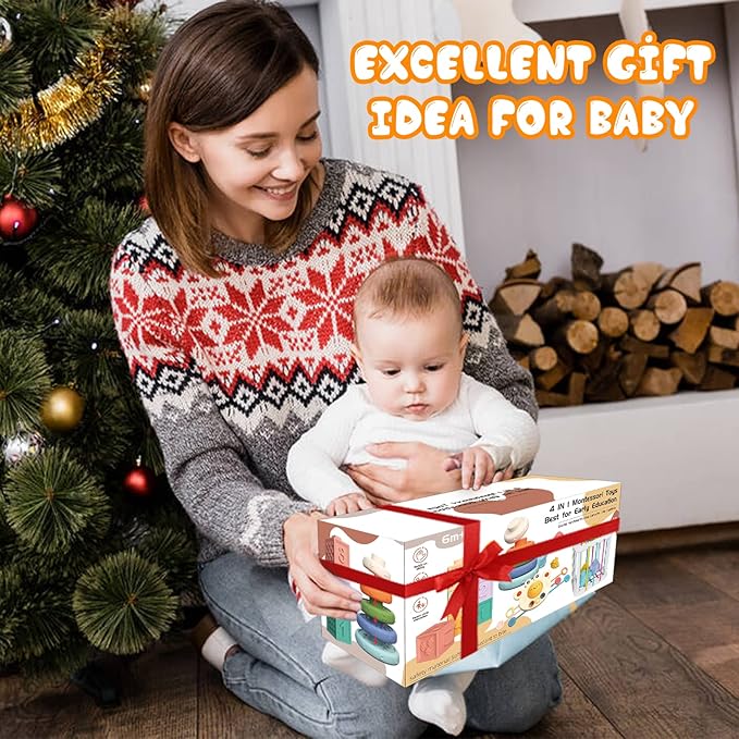 4-in-1 Baby Toys for 6-12 Months, Montessori Soft Stacking Blocks for Babies, Infants Teething Toys, Sensory Balls and Educational Learning Set for Toddlers (Boys & Girls)